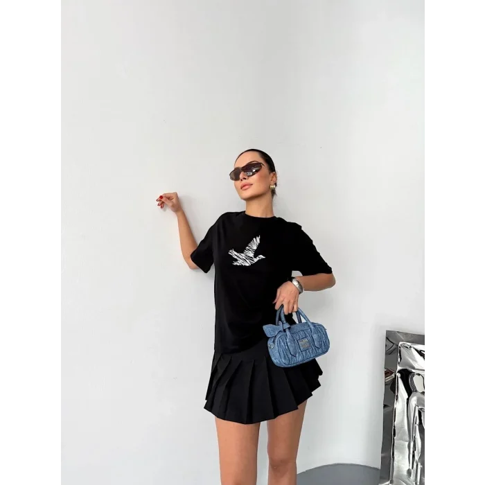 Kısa Kol Baskılı T-shirt - Siyah