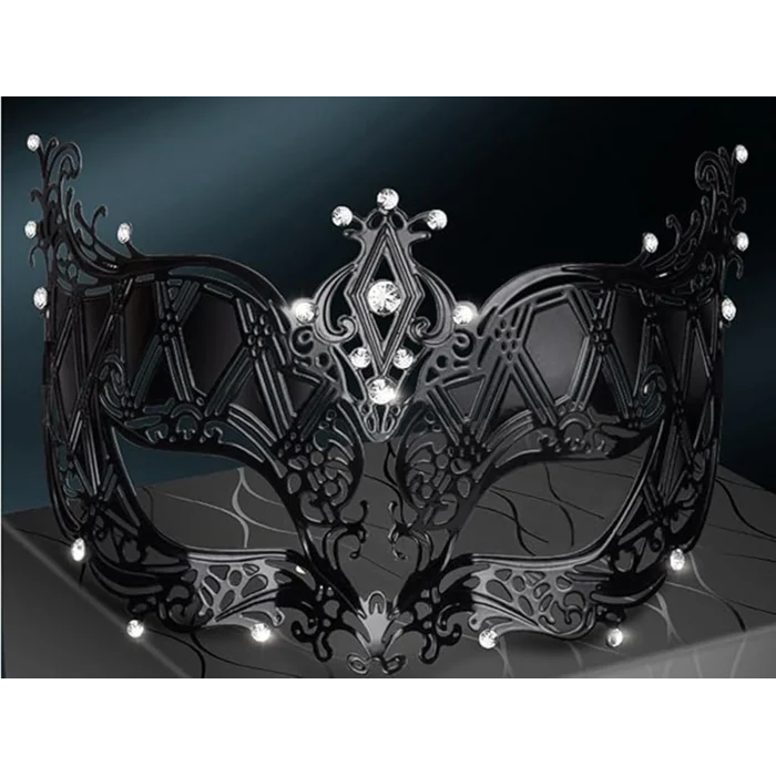 Kristal Gümüş Taşlı Siyah Lazer Kesim Metal Lüks Maske