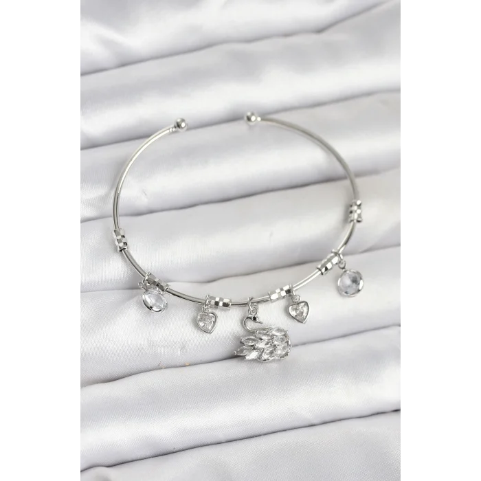 Kuğu Charmlı Gümüş Renk Kadın Bileklik