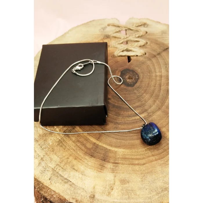 Lapis Lazuri Doğal Taşı Zincirli El Yapımı Kolye Uç: 2 cm Zincir: 20 cm Kutulu