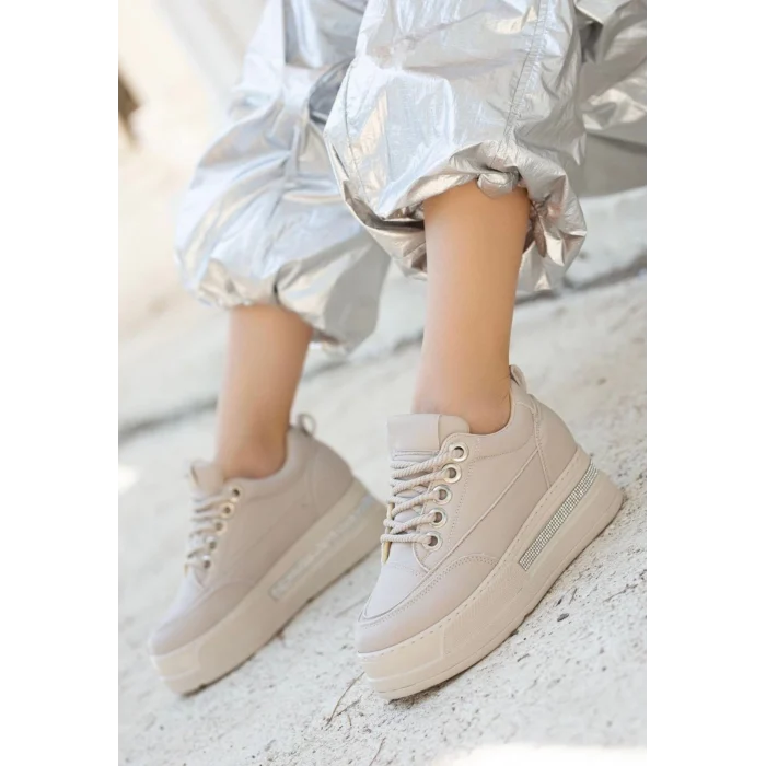 Lulu Bej Cilt Bağcıklı Spor Ayakkabı