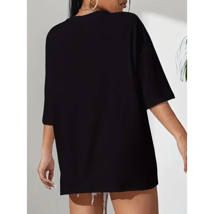 Luz&Pos 20/1 Penye Compack Classical Baskılı Siyah Oversize Tişort - Siyah