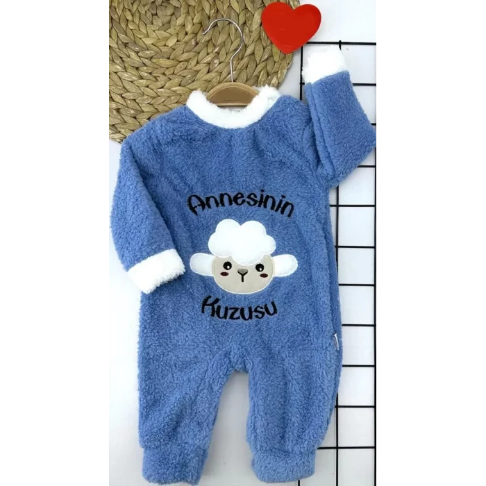 Luz&Pos 3-6-9-12 Ay Kuzu Tüylü Kumaş Annesinin Kuzusu Nakışlı Alttan Çıtçıtlı Kız Erkek Bebek Tulumu Mavi