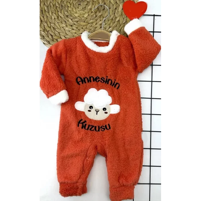 Luz&Pos 3-6-9-12 Ay Kuzu Tüylü Kumaş Annesinin Kuzusu Nakışlı Alttan Çıtçıtlı Kız Erkek Bebek Tulumu Turuncu