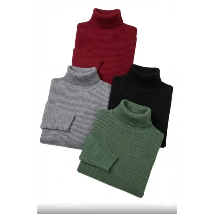 Luz&Pos 4lü Siyah, Bordo, Gri, Haki Unisex Kaşkorse Boğazlı Full Likralı Fitilli Body Kazak