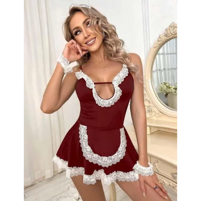 Luz&Pos Arias Closet Bordo Beyaz Aksesuarlı Dantelli Fantezi Hizmetçi Kostümü