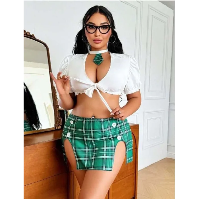 Luz&Pos Arias Closet Büyük Beden Kravatlı Yeşil Ekose Desen Etekli Fantezi Liseli Kostüm