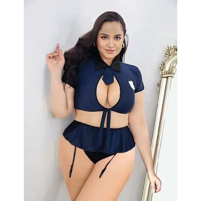 Luz&Pos Arias Closet Büyük Beden Lacivert Göğüs Detay Büstiyerli Kravatlı Mini Etekli Fantezi Polis Kostümü