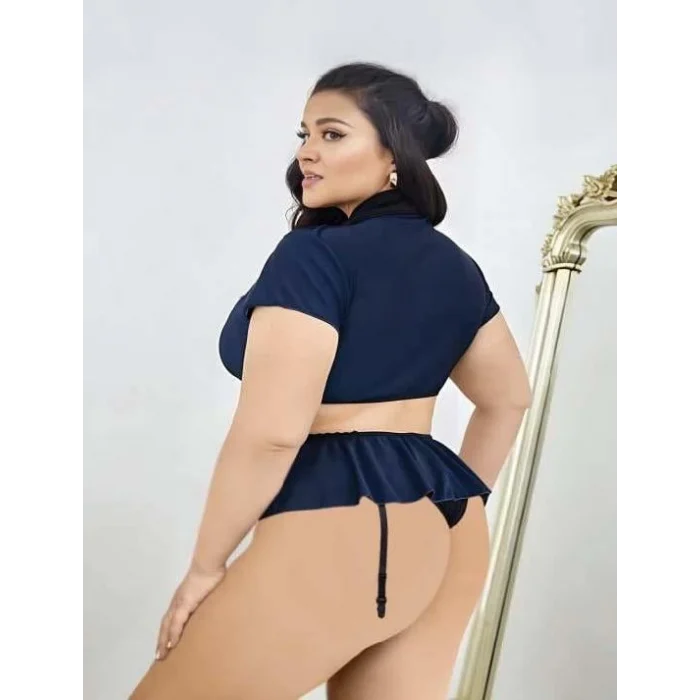 Luz&Pos Arias Closet Büyük Beden Lacivert Göğüs Detay Büstiyerli Kravatlı Mini Etekli Fantezi Polis Kostümü
