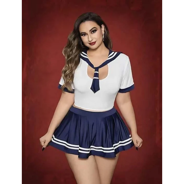 Luz&Pos Arias Closet Büyük Beden Lacivert Mini Etekli Fantezi Denizci Kostümü