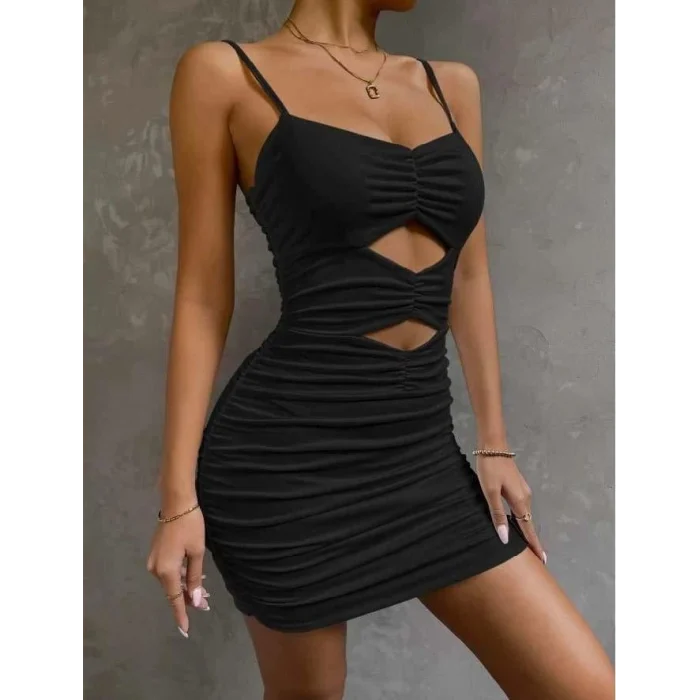 Luz&Pos Arias Closet Göbek Dekolteli Büzgülü Siyah Mini Club Elbisesi