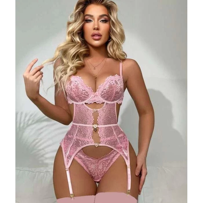 Luz&Pos Arias Closet Kalp Aksesuarlı Dantelli Fantezi Pembe Jartiyer Takım