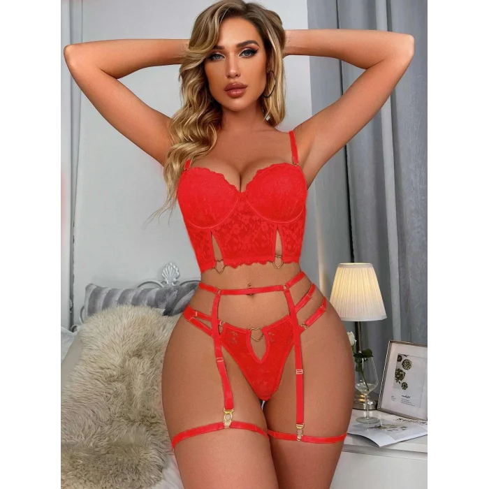 Luz&Pos Arias Closet Kırmızı Dantelli Jartiyer Fantezi Seksi Büstiyer Takımı