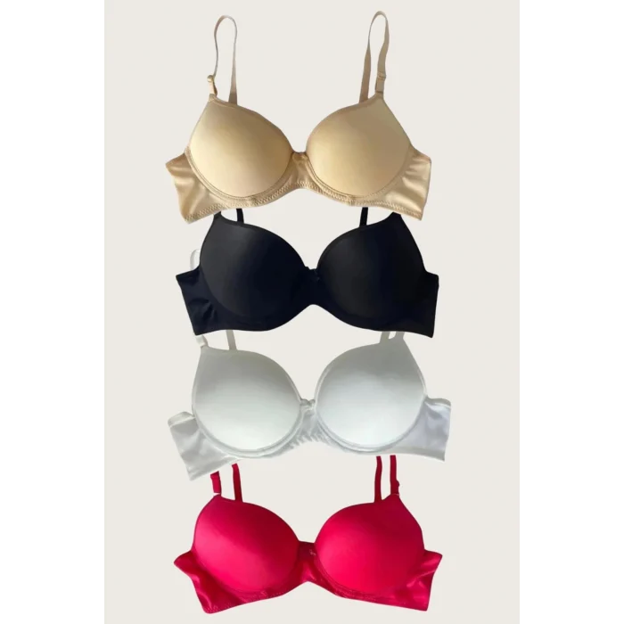 Luz&Pos Arias Closet Siyah-beyaz-kırmızı-ten 4lü Dolgulu Push Up Micro Balenli Günlük Tek Destekli Sütyen