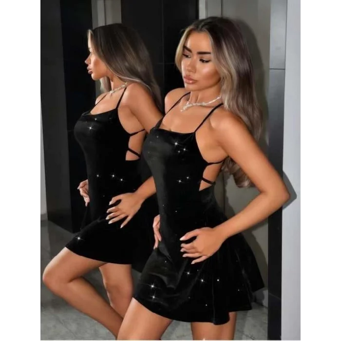 Luz&Pos Arias Closet Siyah Sırt Dekolteli Simli Fantezi Mini Club Elbisesi