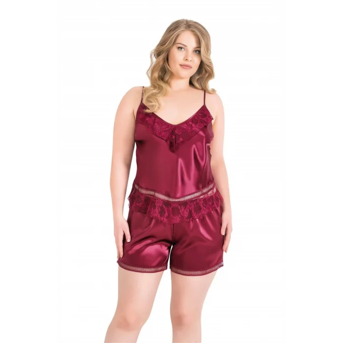 Luz&Pos Arias Closet Büyük Beden Bordo Saten Babydoll Şort Takımı