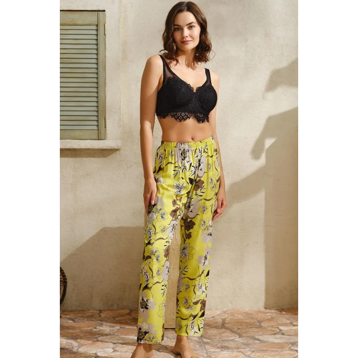 Luz&Pos Arias Closet Dokuma Viskon Çiçek Baskılı Dantelli Sabahlık Balenli Desteksiz Dolgusuz Büstiyer Sütyen Ve Pantolon Pijama 3lü Takım