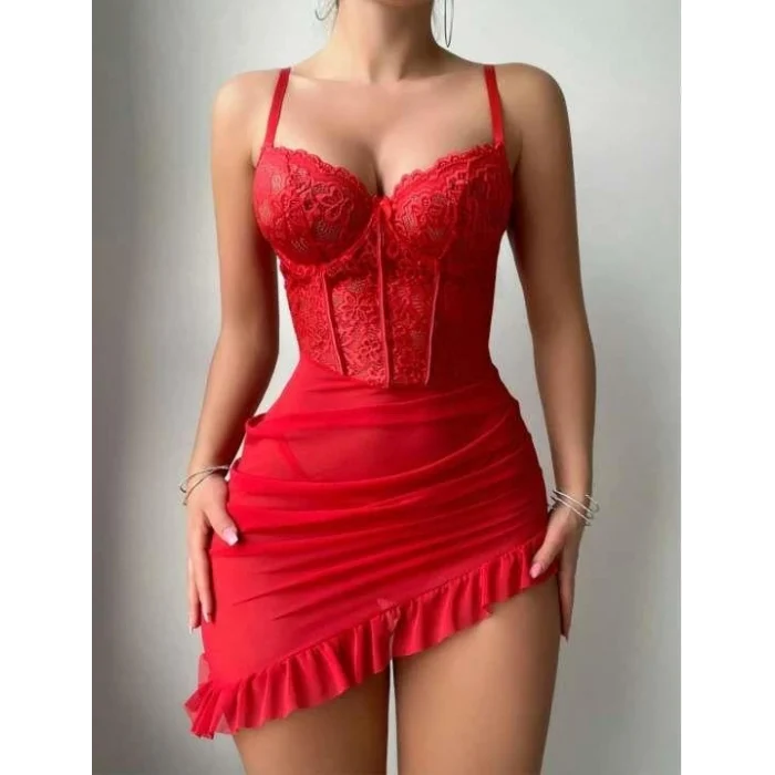 Luz&Pos Arias Closet Fırfırlı Dantel İşlemeli Tül Fantezi Kırmızı Gecelik