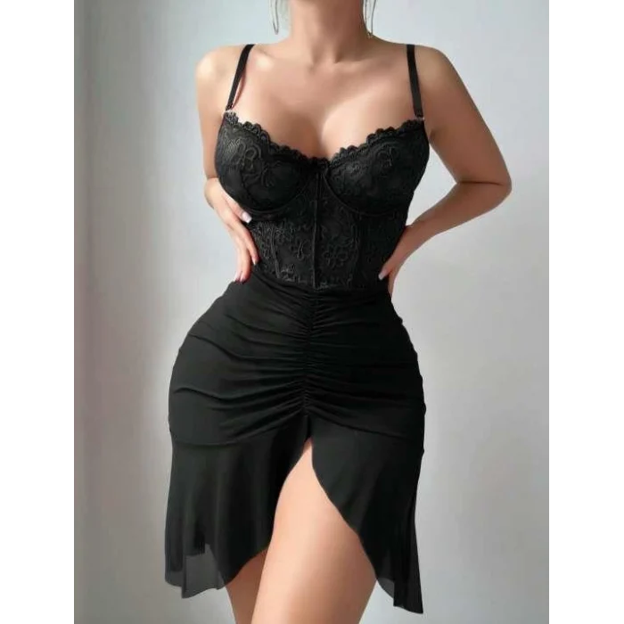 Luz&Pos Arias Closet Fırfırlı Dantel İşlemeli Tül Fantezi Siyah Gecelik