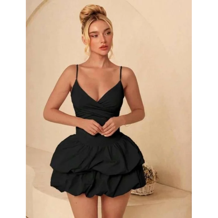 Luz&Pos Arias Closet Özel Şık Tasarım Fırfır Detay İnce Askılı Siyah Mini Club Elbisesi