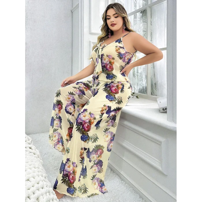 Luz&Pos Arias Closet Özel Tasarım Büyük Beden Çiçek Desenli İnce Askılı 2li Pijama Takımı