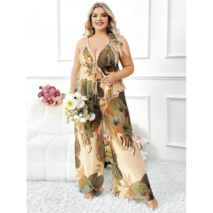 Luz&Pos Arias Closet Özel Tasarım Büyük Beden Çiçek Desenli İnce Askılı 2li Pijama Takımı