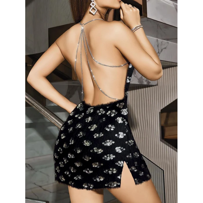 Luz&Pos Arias Closet Özel Tasarım Siyah Işıltılı Sırt Zincir Dekolteli Fantezi Mini Club Elbisesi