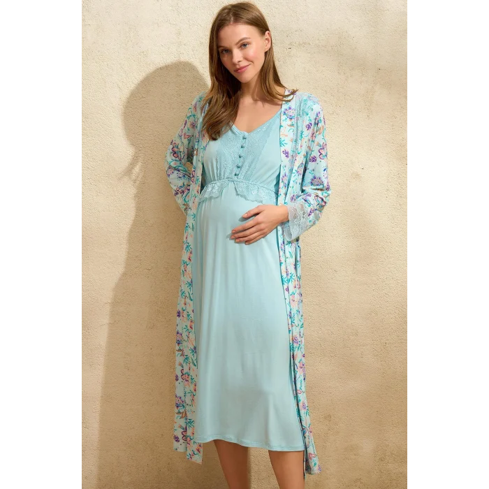 Luz&Pos Arias Closet Sıfır Kol V Yaka Viskon Çiçek Desenli Yazlık Uzun Dantel Detaylı Hamile Gecelik Sabahlık