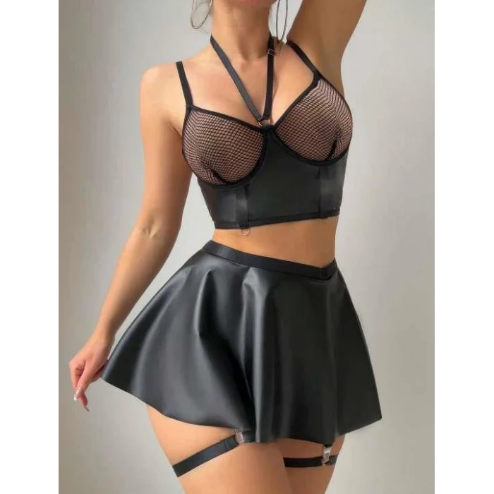 Luz&Pos Arias Closet Siyah Etekli Pileli Jartiyer Görünümlü Fileli Fantezi Deri Elbise