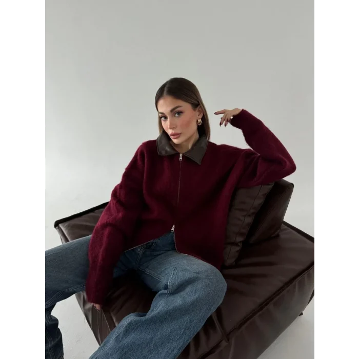 Luz&Pos Deri Yakalı Pamuk Dokulu Çift Taraflı Çalışan Fermuar Ceket - Bordo