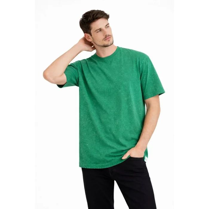 Luz&Pos Erkek Asit Yıkama Bisiklet Yaka Kısa Kollu Oversize T-shirt Tişört - Yeşil
