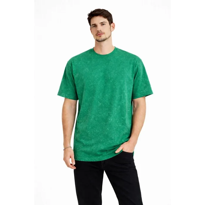 Luz&Pos Erkek Asit Yıkama Bisiklet Yaka Kısa Kollu Oversize T-shirt Tişört - Yeşil