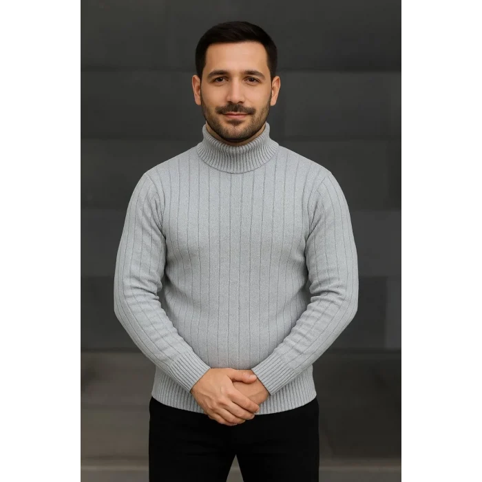 Luz&Pos Erkek Balıkcı Yaka Bağazlı Triko Kazak Pamuklu Kalın Fitilli Dokuma, Regular Fit Uzun Kollu Kışlık Model - Gri