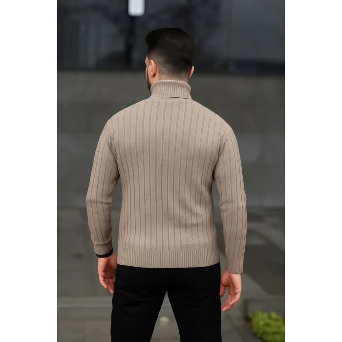 Luz&Pos Erkek Balıkcı Yaka Bağazlı Triko Kazak Pamuklu Kalın Fitilli Dokuma, Regular Fit Uzun Kollu Kışlık Model - Bej
