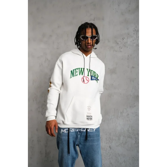 Luz&Pos Erkek Baskılı Kapüşonlu Sweatshirt - Beyaz