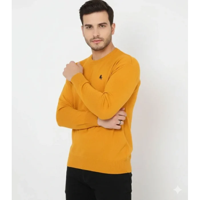 Luz&Pos Erkek Bisiklet Yaka Nakış İşlemeli Triko Kazak Yumuşak Dokulu Pamuklu İnce Dokuma, Uzun Kollu Rahat Regular Kalıp - Turuncu