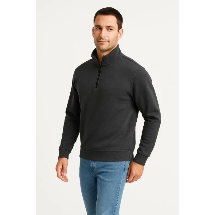 Luz&Pos Erkek Dik Yaka Sweatshirt Dik Yaka Yarım Fermuarlı 3 İplik Şardonlu Pamuk Kumaş - Antrasit