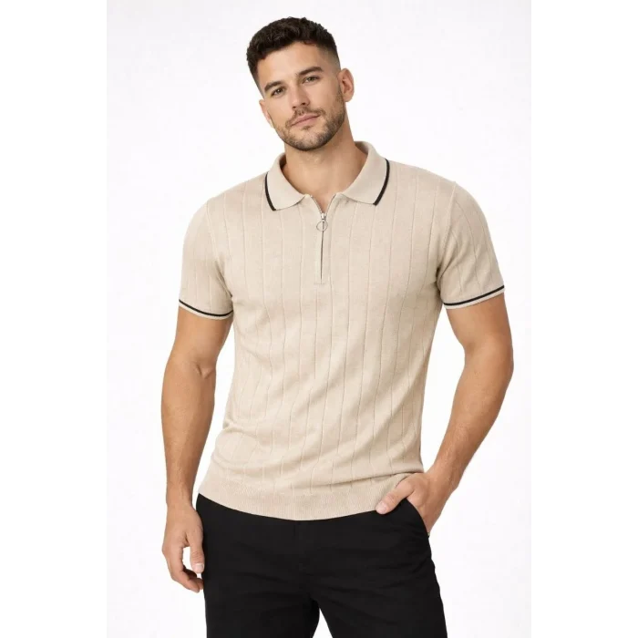 Luz&Pos Erkek Fermuarlı Yaka Fitilli Triko Kısa Kollu Regular Fit Tişört T-shirt - Bej