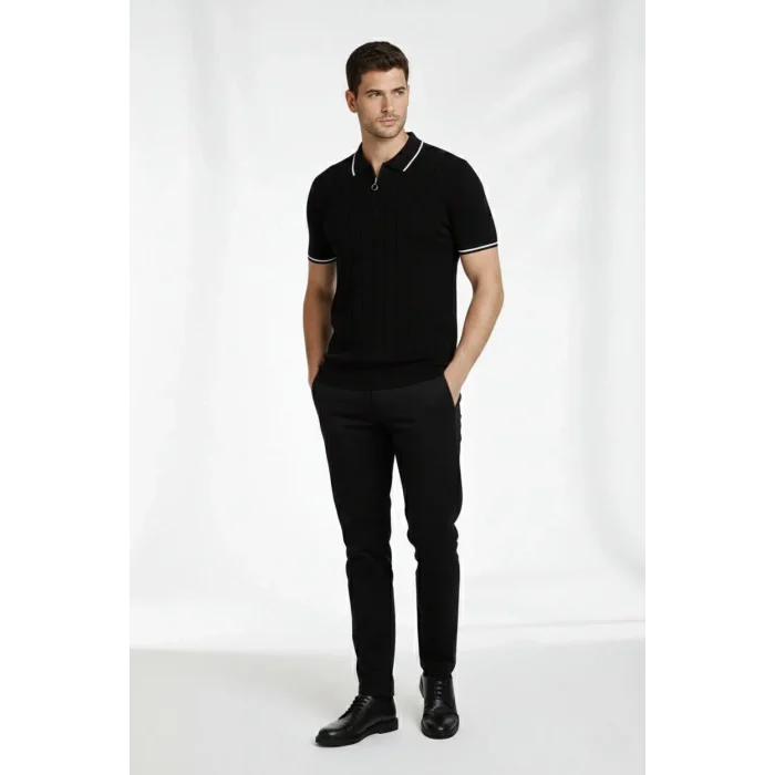 Luz&Pos Erkek Fermuarlı Yaka Fitilli Triko Kısa Kollu Regular Fit Tişört T-shirt - Siyah