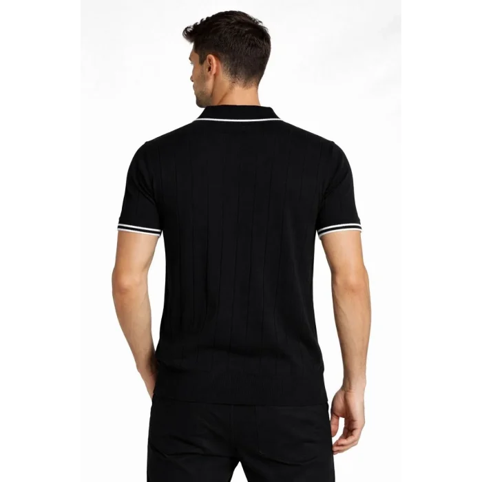 Luz&Pos Erkek Fermuarlı Yaka Fitilli Triko Kısa Kollu Regular Fit Tişört T-shirt - Siyah