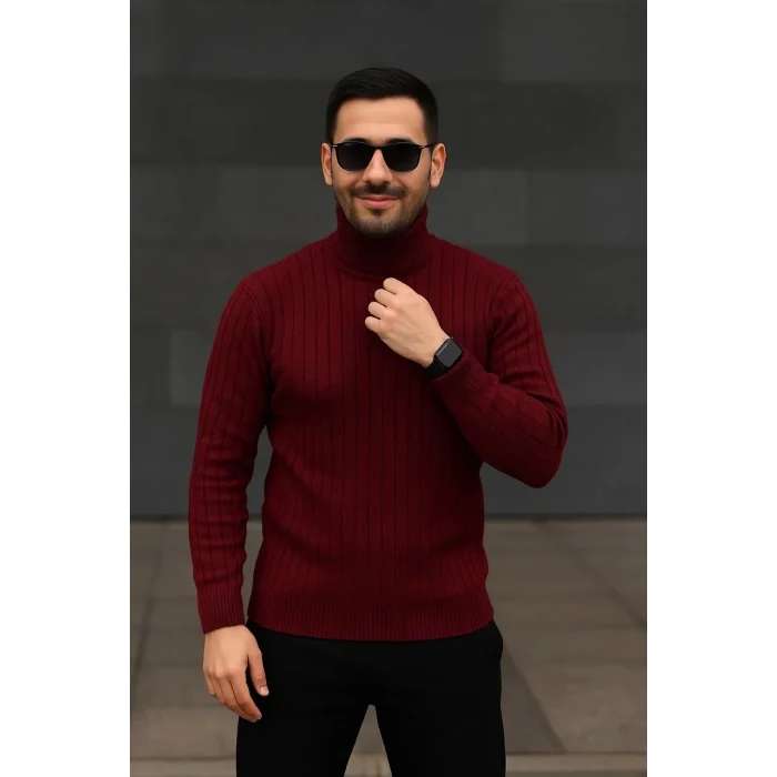 Luz&Pos Erkek Fitilli Triko Kazak 2li Set Bordo Siyah Regular Balıkcı Yaka Tam Boğazlı Triko Seti Modeli Kazak