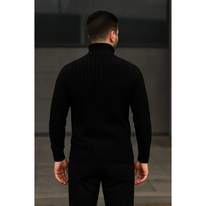 Luz&Pos Erkek Fitilli Triko Kazak 3lü Set Bej Haki Siyah Regular Balıkcı Yaka Tam Boğazlı Triko Seti Modeli Kazak