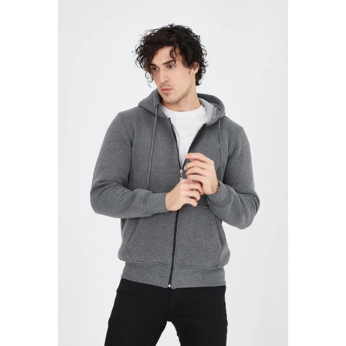 Luz&Pos Erkek Kapüşonlu Düz Fermuarlı Hırka - Füme