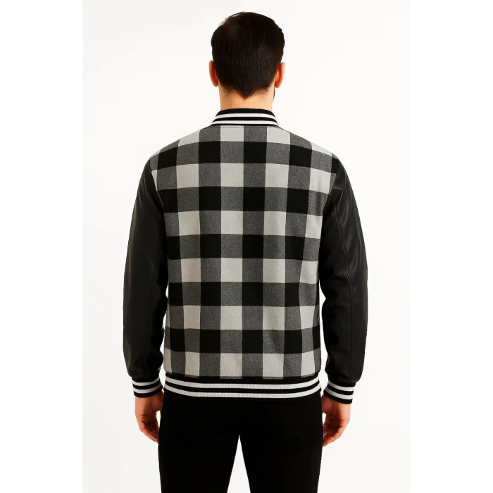 Luz&Pos Erkek Kolej Ceket – Kareli Oduncu Kumaş, Kolları Suni Deri, Fermuarlı, İçi Kapitone Astarlı, Nakışlı Oversize Bahar & Kış Stil - Gri