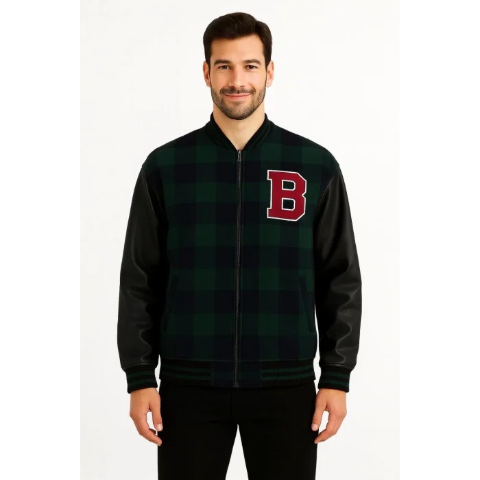 Luz&Pos Erkek Kolej Ceket – Kareli Oduncu Kumaş, Kolları Suni Deri, Fermuarlı, İçi Kapitone Astarlı, Nakışlı Oversize Bahar & Kış Stil - Haki