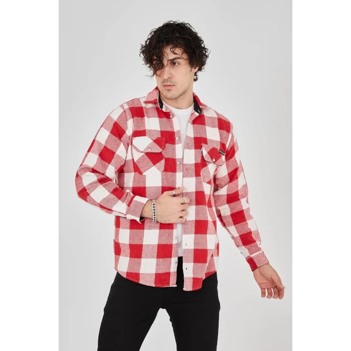 Luz&Pos Erkek Oduncu Gömlek – Uzun Kollu, Şardonlu Kumaş, Kareli Desen, Regular Fit, Manşetli, Çift Cepli, Rahat Günlük Bahar & Kış Stil - Pembe