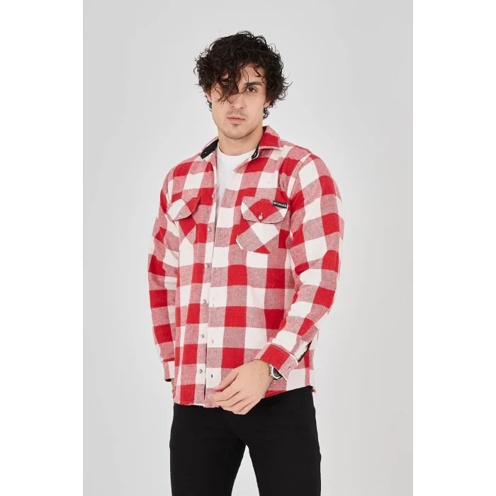 Luz&Pos Erkek Oduncu Gömlek – Uzun Kollu, Şardonlu Kumaş, Kareli Desen, Regular Fit, Manşetli, Çift Cepli, Rahat Günlük Bahar & Kış Stil - Pembe