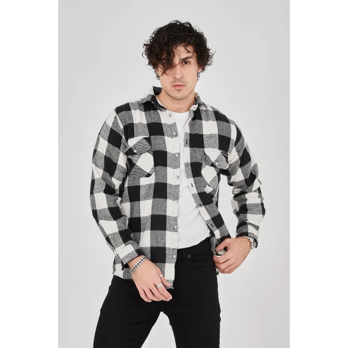 Luz&Pos Erkek Oduncu Gömlek – Uzun Kollu, Şardonlu Kumaş, Kareli Desen, Regular Fit, Manşetli, Çift Cepli, Rahat Günlük Bahar & Kış Stil - Siyah