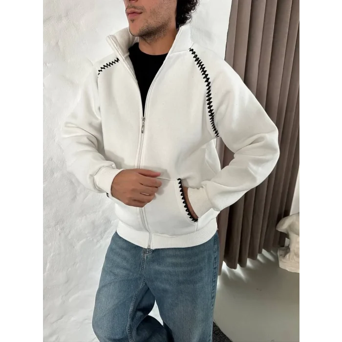 Luz&Pos Erkek Oversize Dik Yaka Fermuarlı Sweatshirt - Zincir Nakışli Kanguru Cepli - Beyaz