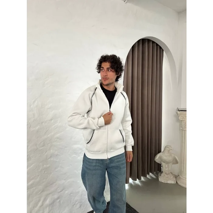 Luz&Pos Erkek Oversize Dik Yaka Fermuarlı Sweatshirt - Zincir Nakışli Kanguru Cepli - Beyaz